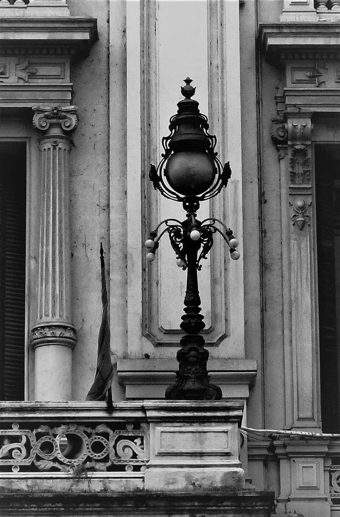 Illuminated detail of the La Prensa building